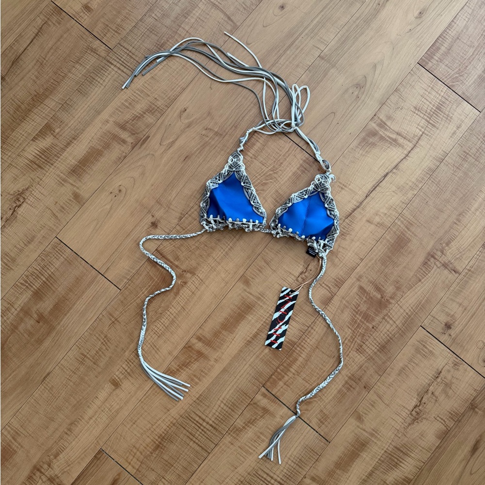 Neoprene Blue Triangle Bikini Top with Gray/Taupe Ivory Braided Trim